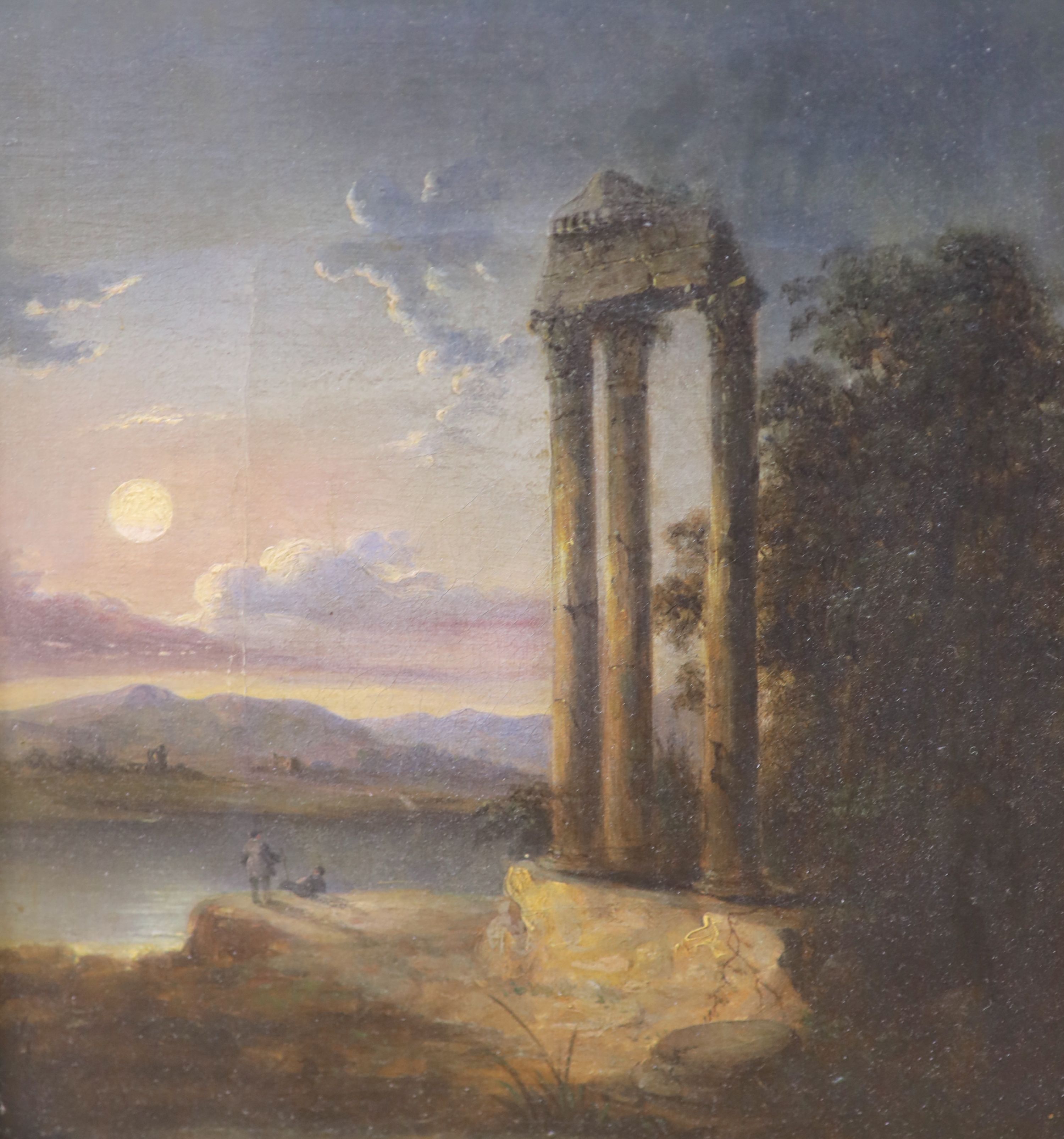 19th century English School, oil on canvas, Moonlit landscape with ruins, 22 x 20cm